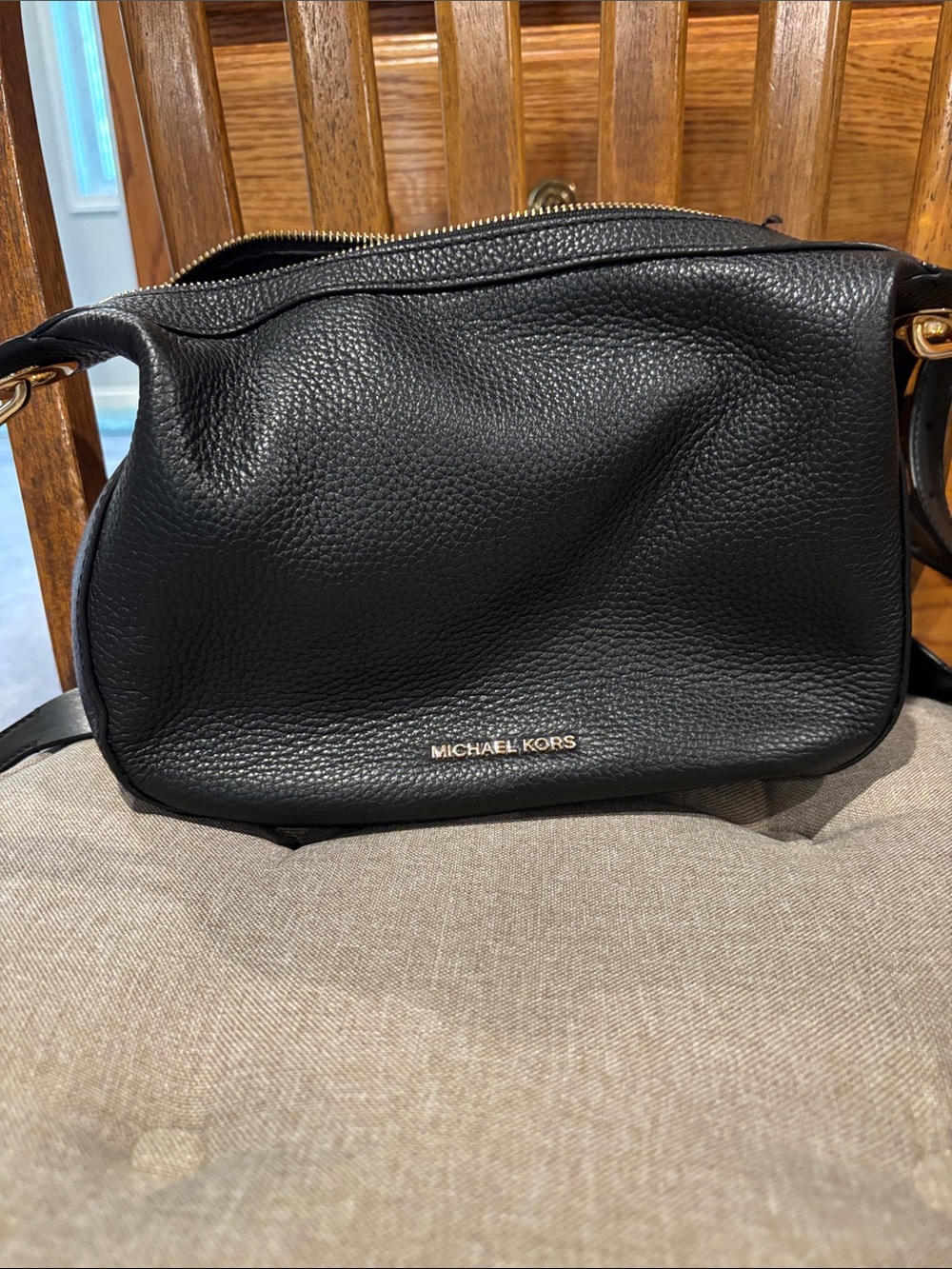 Michael Kors Black Pebbled Leather Crossbody Shoulder Bag with Gold Hardware